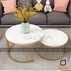 Bàn trà đôi mặt đá tròn chân sắt - BT47