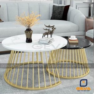 Bàn trà đôi tròn mặt đá chân sắt loe - BT53