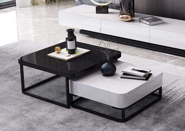 Bàn sofa mặt vuông đôi, chất liệu mặt làm làm bằng đá hoa cương